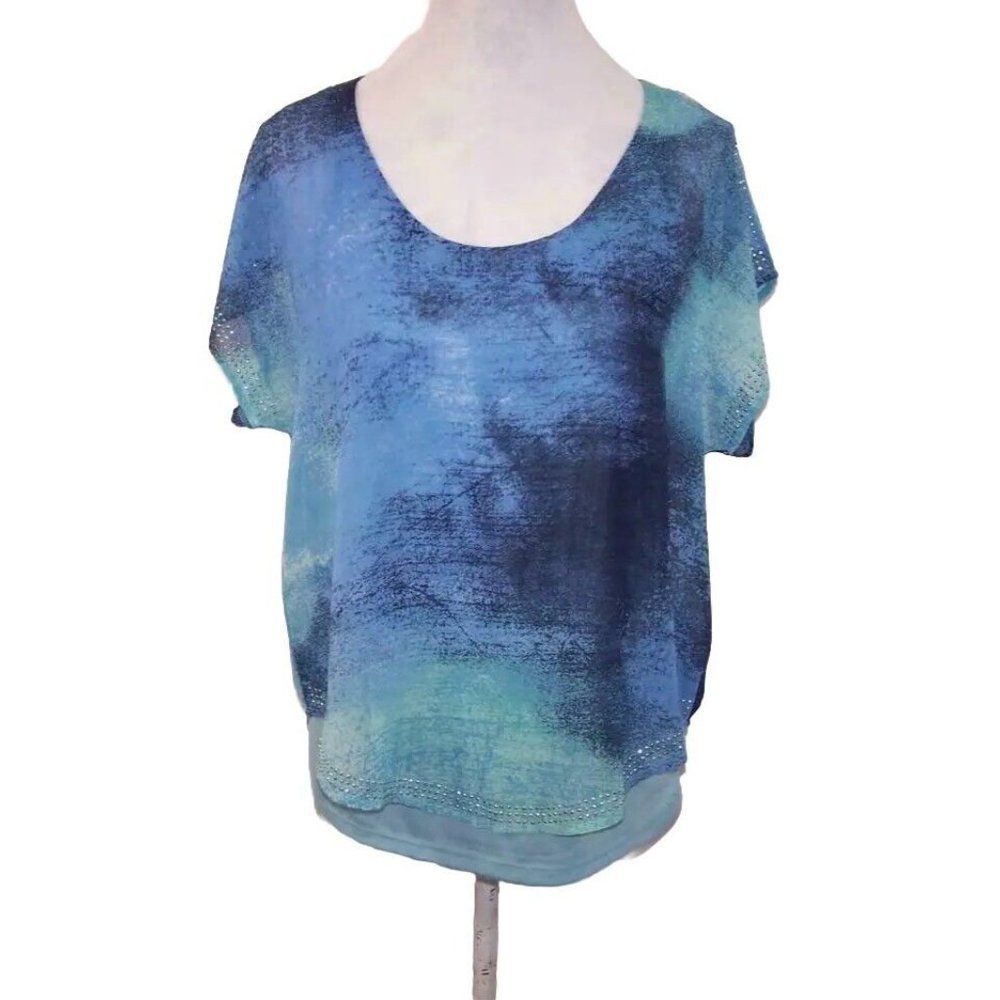 World Unity Shirt Top Medium Chiffon Overlay Studded Scoop Neck Layered Blue